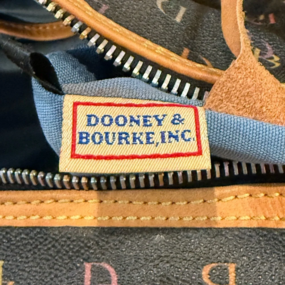 Dooney & Bourke Black Multicolor Logo Barrel Satchel with Tan Trim